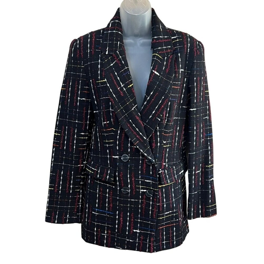 Sacs Womens Medium Plaid Double-Breasted Longline Blazer Jacket Black Multicolor